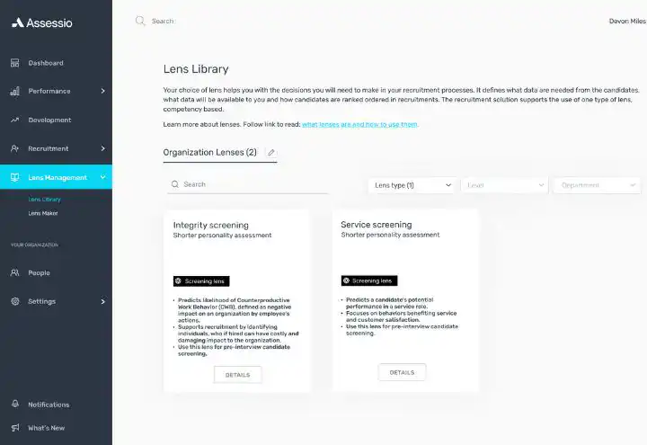 screening-jpg Effektiva verktyg för talangbedömning från Assessio för rekrytering, inklusive screeninglinser för integritet och service för att förbättra anställningsbeslut och optimera organisationens prestanda.